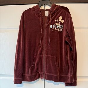 Mickey Mouse Women’s Chocolate Brown Velour Full Zip Hoodie Embroidered Size XL